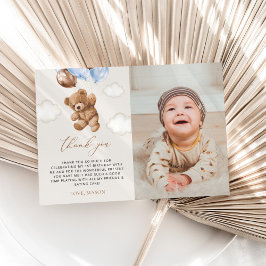 テディベア、青い風船、初めての誕生日 サンキューカード