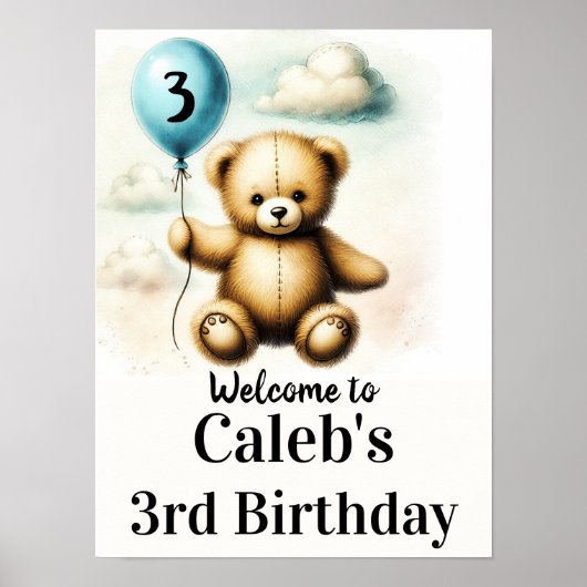 テディベア 青い風船 1歳の誕生日サイン ポスター (正面)
