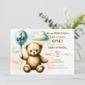 テディベア 青い風船 1歳 誕生日パーティー 招待状 (スタンド正面)