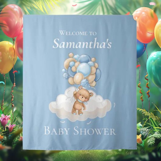 テディベア  風船 青いベビーシャワーの背景 タペストリー