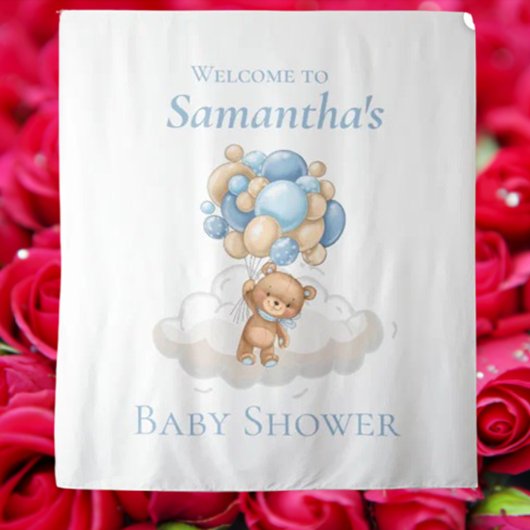 テディベア 風船 青い 赤ちゃん歓迎会 背景 タペストリー