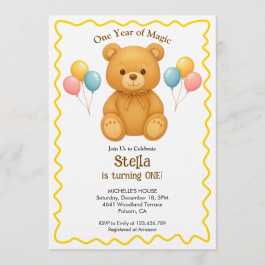テディベア 1歳の誕生日おめでとう マジックな1年 招待状 (正面)