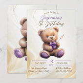 テディベア 1歳誕生日 カラフルな風船 招待状 (正面/裏面)