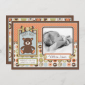 テディベア 3D ルック リボン＆ボタン 誕生発表 案内状 (正面/裏面)