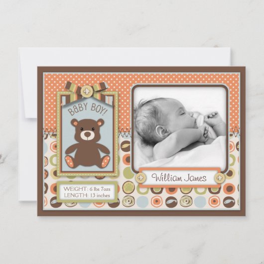 テディベア 3D ルック リボン＆ボタン 誕生発表 案内状 (正面)