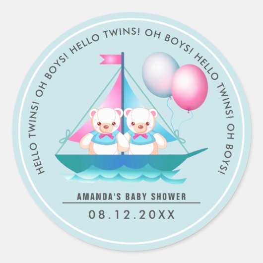 テディベア | Twin Boys Baby Shower Fever Stickers ラウンドシール (正面)