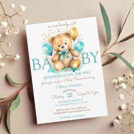 テディベアbearly wait aqua blue brown baby shower 招待状