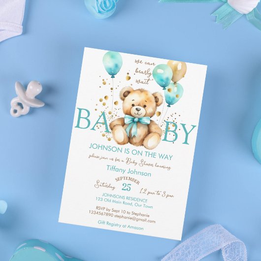 テディベアbearly wait aqua blue brown baby shower 招待状