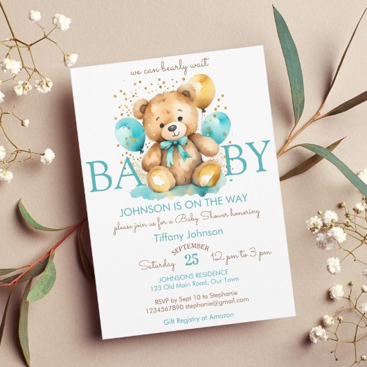 テディベアbearly wait aqua blue brown baby shower 招待状
