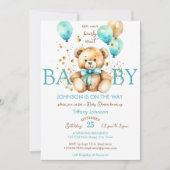テディベアbearly wait aqua blue brown baby shower 招待状 (正面)