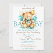 テディベアbearly wait aqua blue brown baby shower 招待状 (正面)
