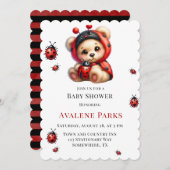 テディベアLadybug女のストライプ子ベビーシャワー 招待状 (正面/裏面)