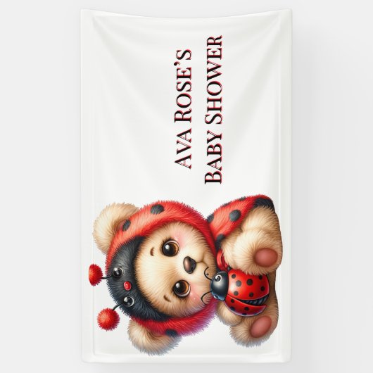 テディベアLadybug女のストライプ子ベビーシャワー 横断幕 (縦)