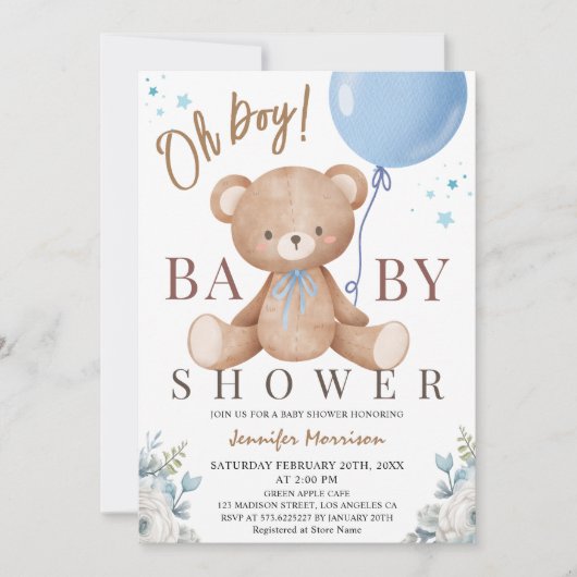 テディベアOh男の子の赤ちゃんシャワーブルーバルーン 招待状 (正面)