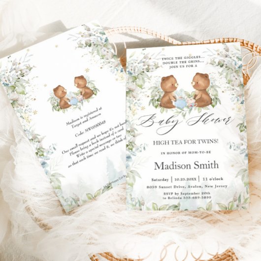 テディベアSシックなハイティーパーティーツインズベビーシャワー 招待状
