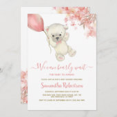 テディポーラベアーピンクバルーンガールベビーシャワー 招待状 (正面/裏面)