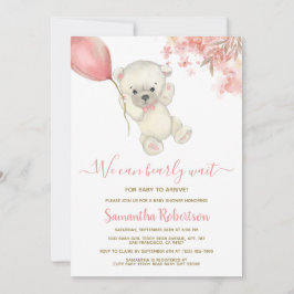 テディポーラベアーピンクバルーンガールベビーシャワー 招待状