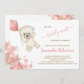 テディポーラベアーピンクバルーンガールベビーシャワー 招待状 (正面/裏面)