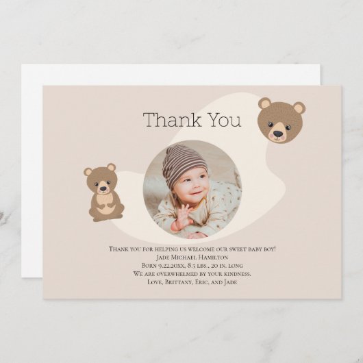 テディモダンベアベビー写真ありがとう サンキューカード (正面/裏面)