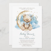 テディモダンベアームーンスターブルーベビーシャワー 招待状 (正面/裏面)