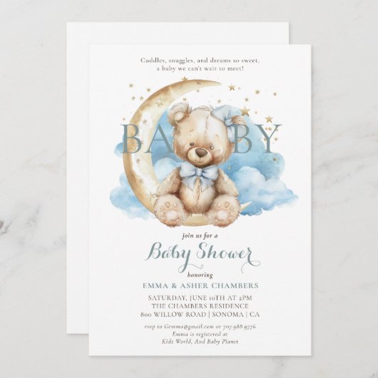 テディモダンベアームーンスターブルーベビーシャワー 招待状 (正面/裏面)