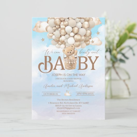 テディモダンベア水彩ベビーシャワー 招待状 (スタンド正面)