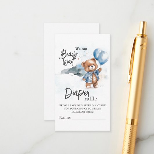 テディモダンベア赤ちゃんシャワーおむつラッフル エンクロージャーカード (正面/裏面インサイチュ)