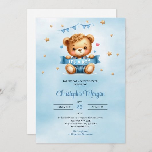 テディユニークベアそれは男の子の赤ちゃんシャワーである 招待状 (正面/裏面)