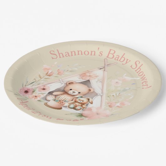 テディーベアとバニーのテペテントのベビーシャワー ペーパープレート (アングル)