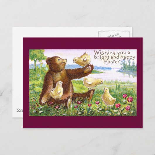 テディー・ベアおよびひよこのヴィンテージイースター シーズンポストカード (正面/裏面)