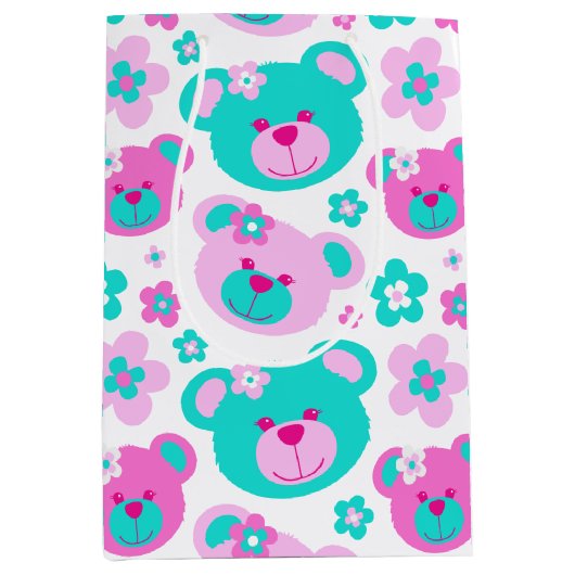 テディー・ベアおよび花は水の白のギフトバッグを飾ります ミディアムペーパーバッグ (正面)