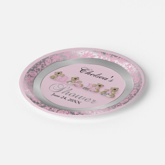 テディー・ベアが付いているピンクおよび銀製のダマスク織 ペーパープレート (アングル)