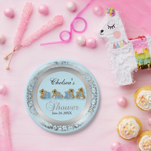 テディー・ベアが付いている青く、銀製のダマスク織 ペーパープレート (パーティー)