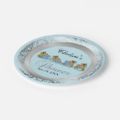 テディー・ベアが付いている青く、銀製のダマスク織 ペーパープレート (アングル)