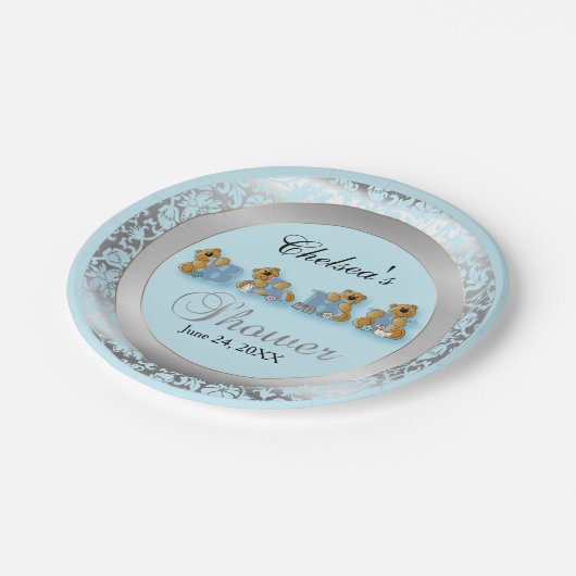 テディー・ベアが付いている青く、銀製のダマスク織 ペーパープレート (アングル)