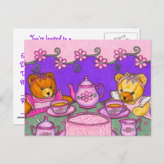 テディー・ベアのお茶会の郵便はがきの招待状 インビテーションポストカード (正面/裏面)