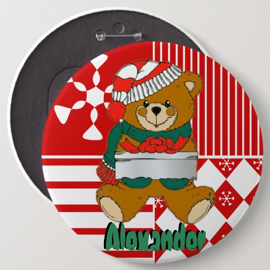 テディー・ベアのクリスマスのストッキングの名札ボタン 缶バッジ (正面&裏面)