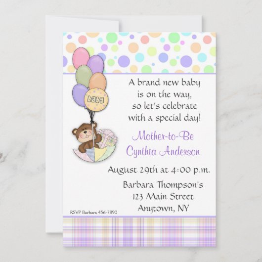 テディー・ベアのパステル調のベビーシャワーの招待状 招待状 (正面)