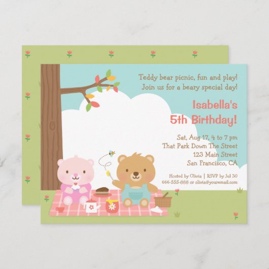 テディー・ベアのピクニック子供の誕生日のパーティの招待状 招待状 (正面/裏面)