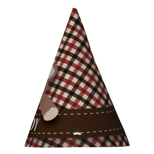 テディー・ベアのピクニック誕生日-ブラウンおよび赤いギンガム パーティーハット (右)