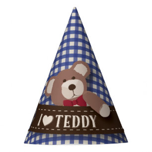 テディー・ベアのピクニック誕生日-青いギンガム パーティーハット