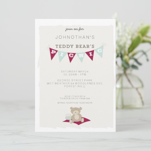 テディー・ベアのピクニック-赤及び青 招待状 (スタンド正面)