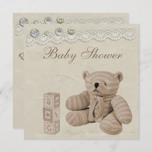 テディー・ベアのヴィンテージのレースの中立ベビーシャワー 招待状 (正面/裏面)