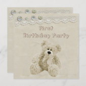 テディー・ベアのヴィンテージのレースの第1誕生会 招待状 (正面/裏面)