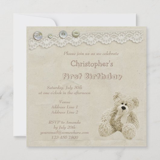 テディー・ベアのヴィンテージのレースの第1誕生会 招待状 (裏面)