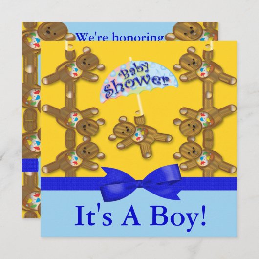 テディー・ベアの傘の男の子のベビーシャワー 招待状 (正面/裏面)