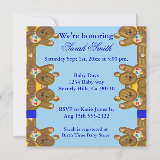 テディー・ベアの傘の男の子のベビーシャワー 招待状 (裏面)