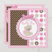 テディー・ベアの女の子のベビーシャワーのピンク 招待状 (正面/裏面)