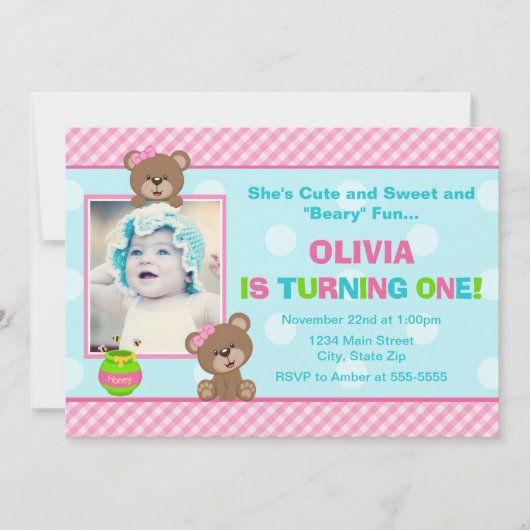 テディー・ベアの女の子の誕生日の招待状5x7の写真カード 招待状 (正面)