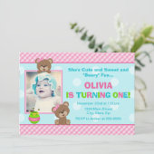 テディー・ベアの女の子の誕生日の招待状5x7の写真カード 招待状 (スタンド正面)